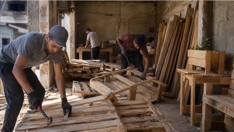 Người dân Gaza tận dụng pallet gỗ viện trợ nhân đạo để làm đồ nội thất